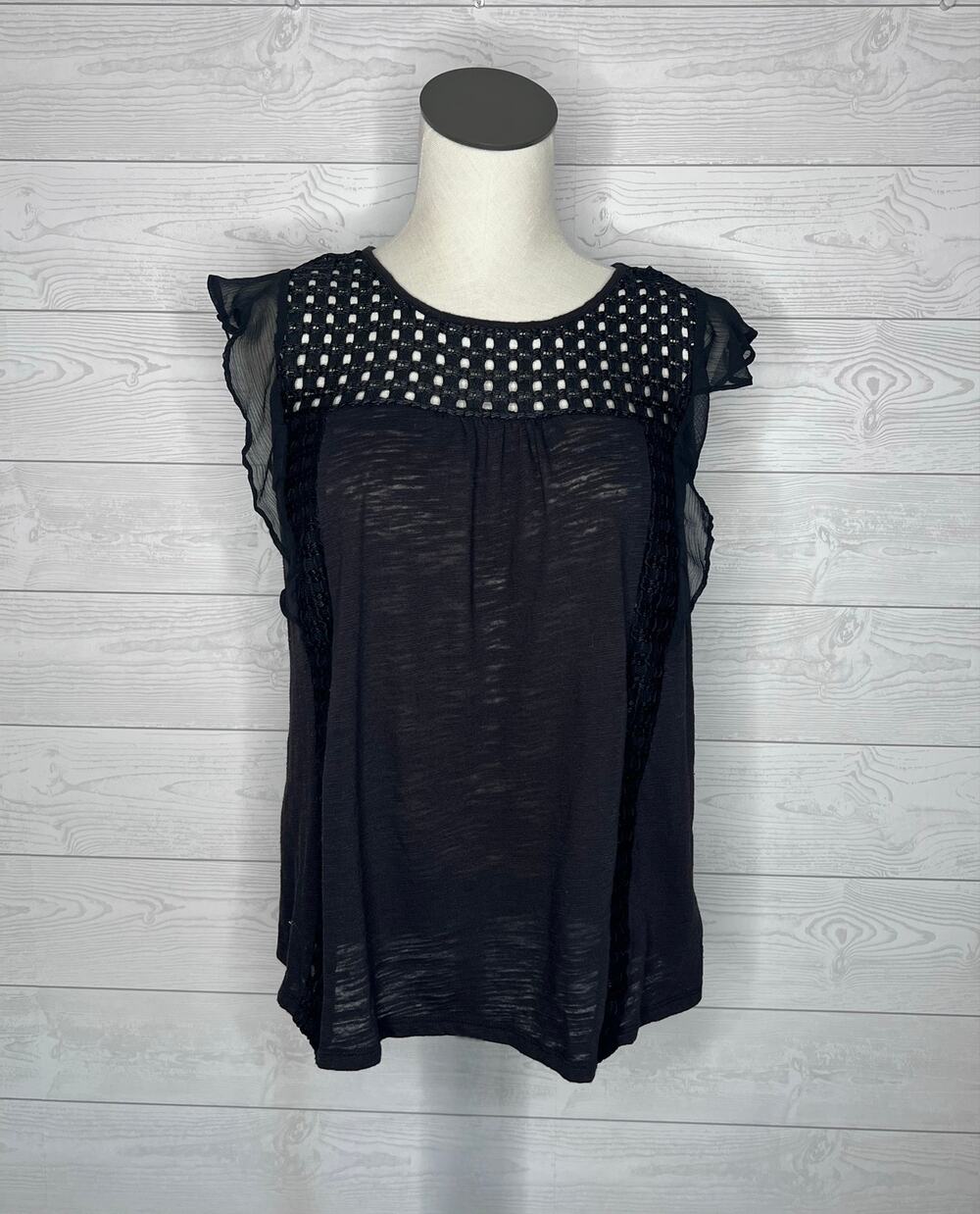 LC Lauren Conrad black basketweave flutter sleeves coquette cottagecore top Sz M